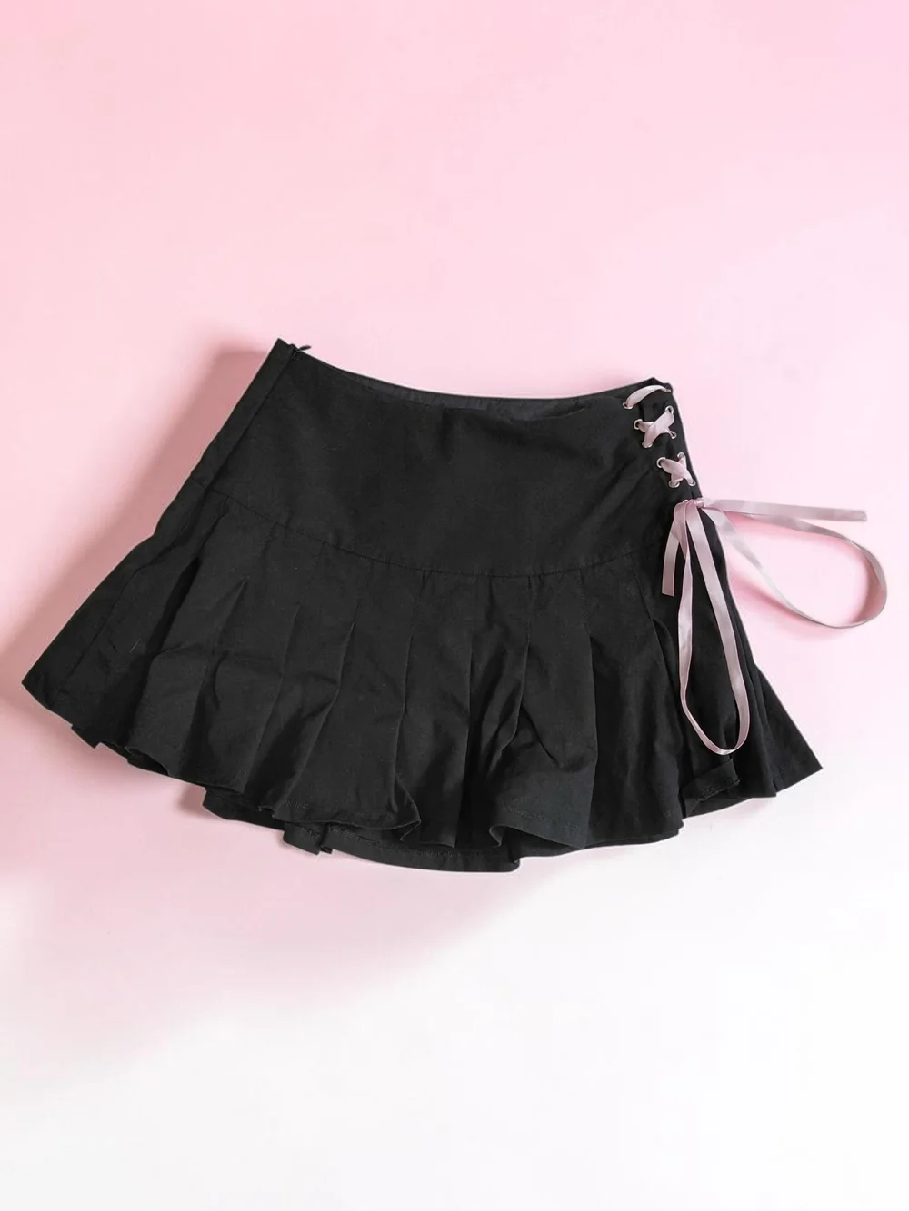 New Sugar Thrillz Black Pleated Mini Skirt with Pink Lace-Up Side Size Med